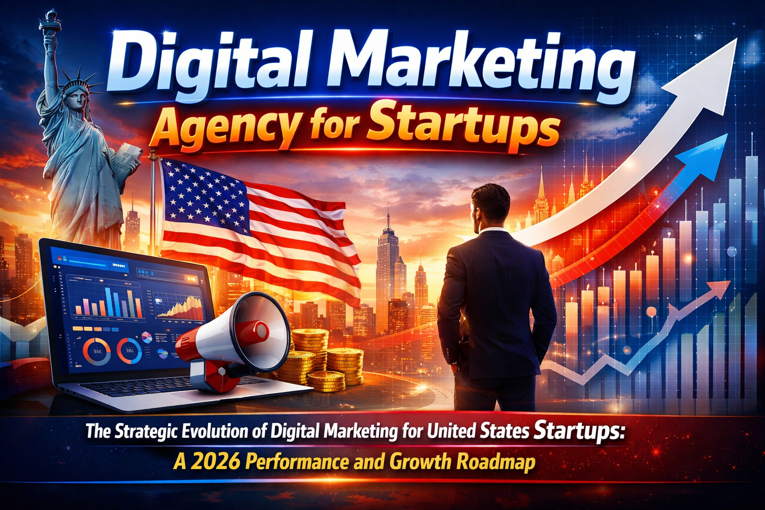 Create an thumbnail image format 16:9 "Digital Marketing Agency for startups- The Strategic Evolution of Digital Marketing for United States Startups: A 2026 Performance and Growth Roadmap"
