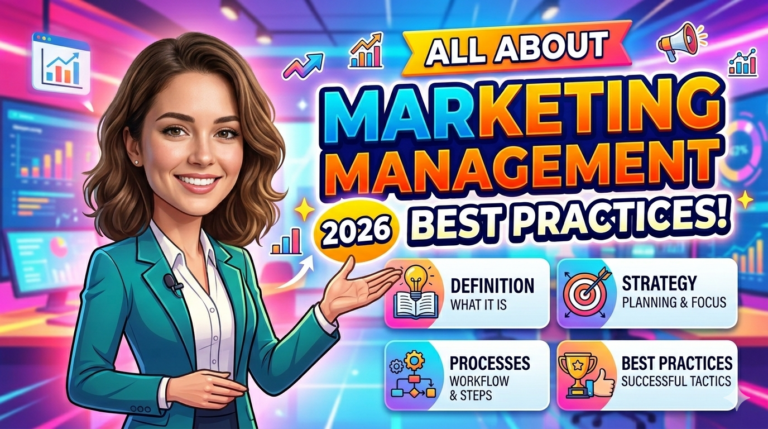 “Marketing management best practices 2026 concept with female marketing expert presenting strategy planning, marketing processes, and business growth analytics.” “Digital marketing management guide 2026 featuring strategy planning, marketing workflow, best practices, and business analytics dashboard.” “Marketing management strategy and best practices 2026 visual guide with charts, analytics data, and marketing planning concepts.”